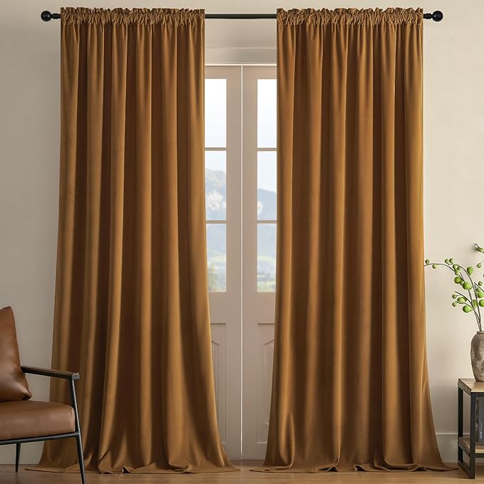 Joydeco Brown Velvet Curtains 102 inch Length 2 Panels, Luxury Blackout Rod by JOYDECO
