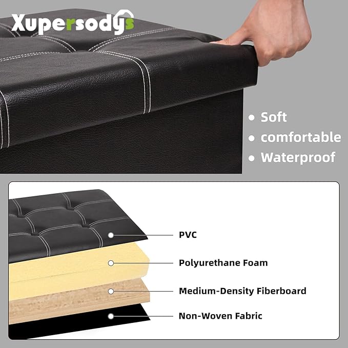 xupersodys 30 Inches Folding Storage Ottoman Bench, Faux Leather Footrest - Image 4