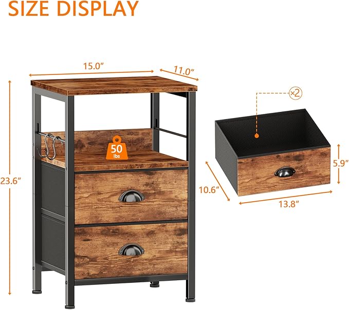 Furologee Nightstand with 2 Fabric Drawers, Night Stand with 2-Tier Shelf - Image 3