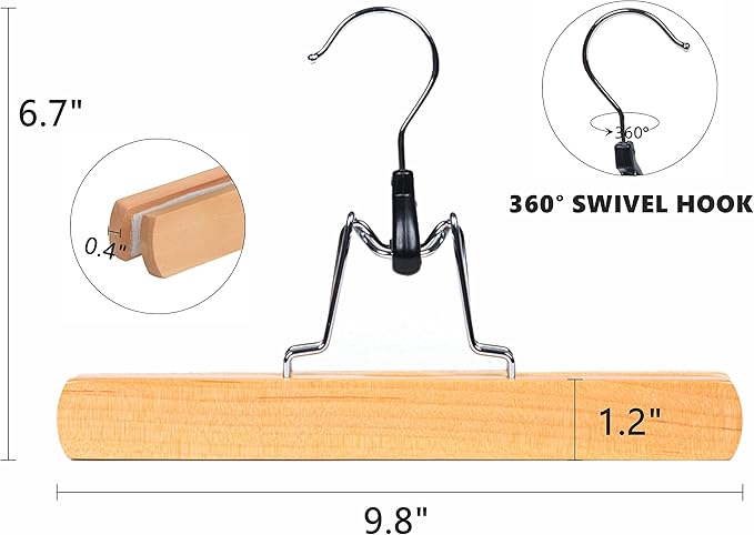 Amber Home 10 Pack Natural Wooden Pants Hangers, Wood Clamp Hangers - Image 2