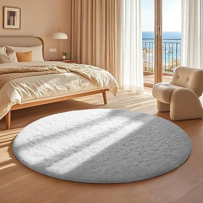 Ophanie Round Rug 4Ft White Circle Area Rug, Aesthetic Room Decor, Fluffy Fuzzy - Image 5