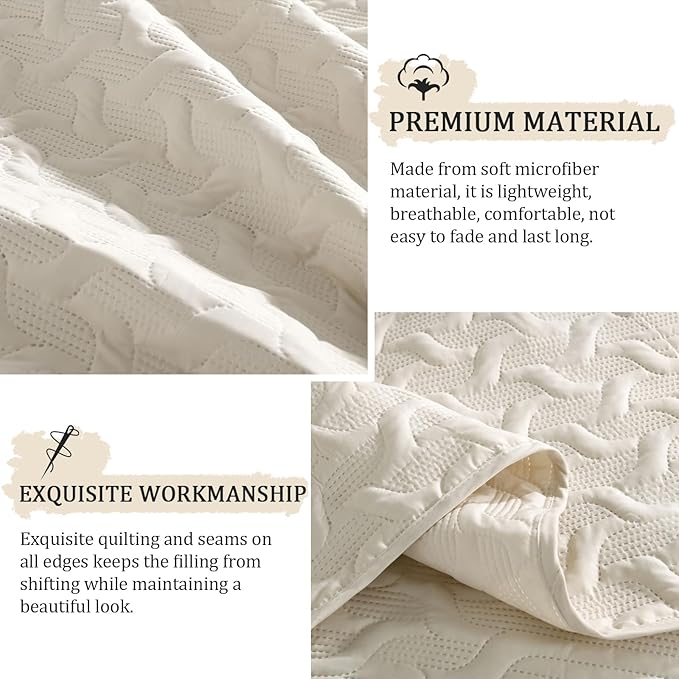 Yiran Beige Quilt Set Queen Size Lightweight Bedspread Ultrasonic Wave Pattern - Image 6