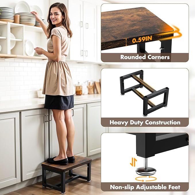 Step Stool, NomNest Height-Adjustable Wooden Step Ladder Metal Foot Stool Small - Image 4
