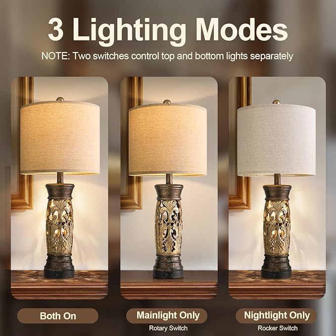 BOBOMOMO 27.25” Antique Gold Table Lamps Set of 2 – Farmhouse Bedside Lamps - Image 3