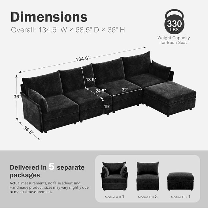ABCASA 134.6" Luxury Modular Sectional Convertible Sofa - Image 2