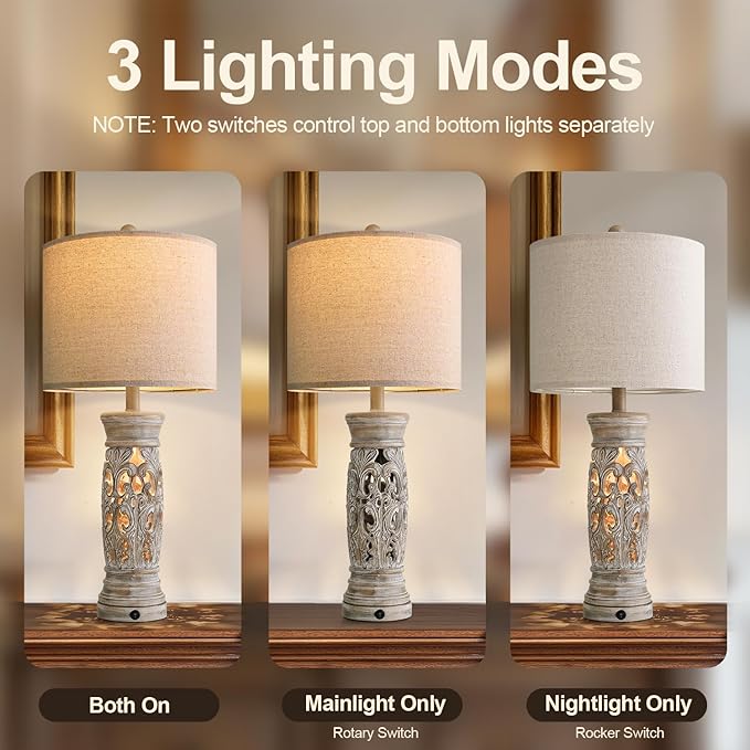 BOBOMOMO 27.25” Rustic Farmhouse Table Lamps Set of 2 – Vintage Bedside Lamps - Image 3