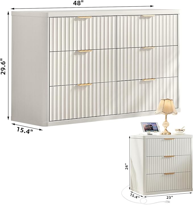 LEYAOYAO 48" Wide Fluted Dresser and 3 Drawers 23" Nightstand Set of 2 - Image 3