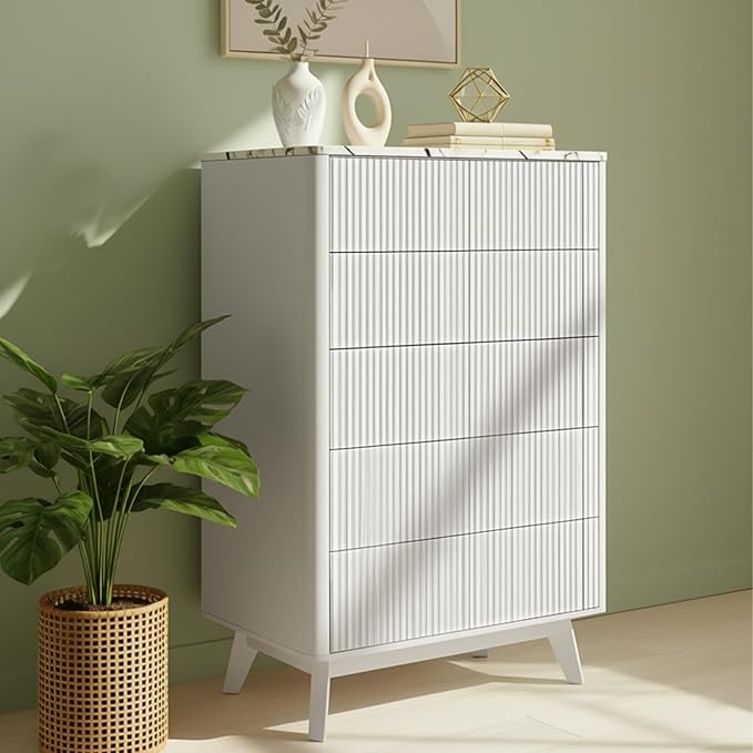 Fluted 5 Drawers Dresser for Bedroom, Curved Profile Design, Wood Drawer - Image 3