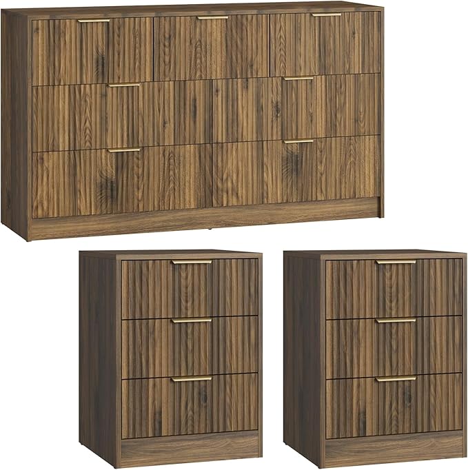 7 Drawer Dresser & Nightstand Set, 3-Piece Fluted Bedroom Dresser and Night - Image 8