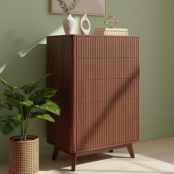 Fluted 5 Drawers Dresser for Bedroom, Curved Profile Design, Wood Drawer - Image 9