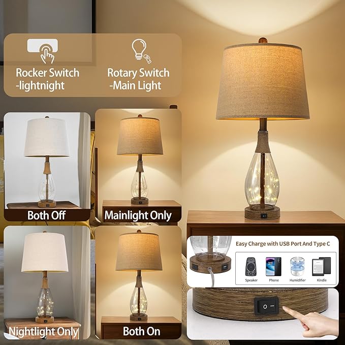 OYEARS Wood-Like Bedside Table Lamps Set of 2 - Image 3