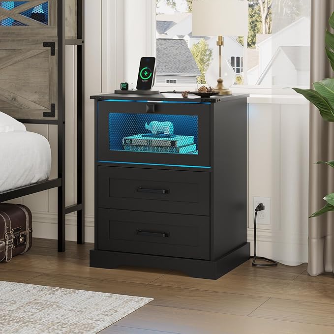 Hasuit Night Stand with Charging Station and LED Lights, Farmhouse Nightstand - Image 6