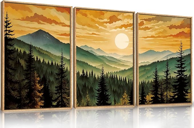 LHIUEM Large Boho Sunset Mountain Framed Canvas Wall Art, Retro Pine Tree Wall by LHIUEM