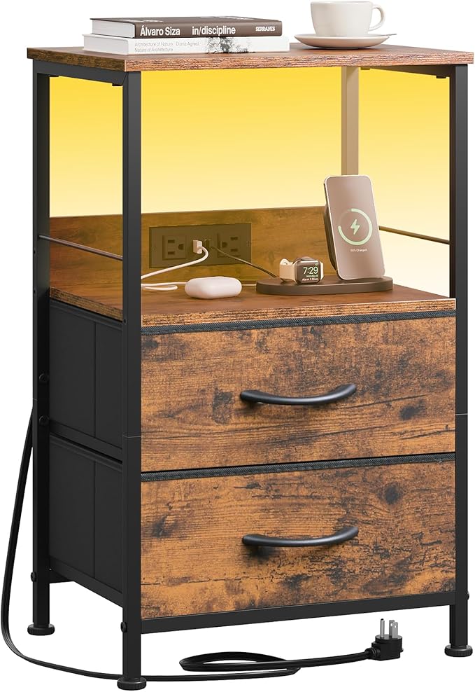 WLIVE Night Stand with Charging Station, LED Nightstand with 2 Fabric Drawers by WLIVE