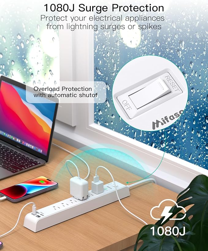2 Pack Power Strip, 15FT Long Extension Cord, Surge Protector - Image 4