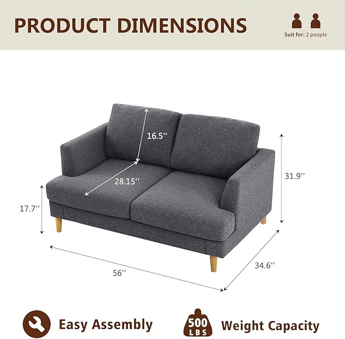 Loveseat Sofa 56", Small Couches - Image 2