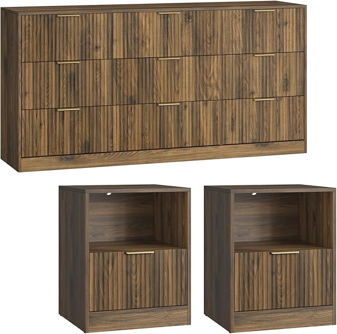 9 Drawer Dresser & Nightstand Set 3-Piece, 63” Wide Bedroom Dresser Set Night - Image 8