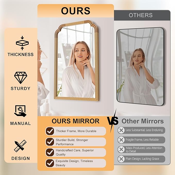 Wood Frame Wall Mirror for Bathroom, Rounded Corner Arch Rectangle Mirror for - Image 7
