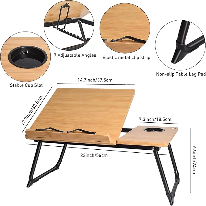 wishacc Book Stand for Reading in Bed, Bamboo Laptop Stand Adjustable Book - Image 7