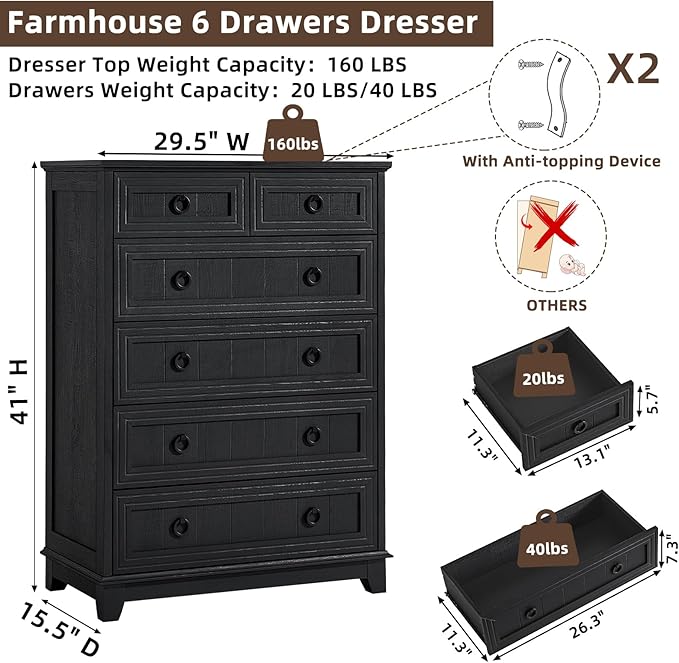 Farmhouse 6 Drawer Dresser for Bedroom Set of 2, Rustic Wood Dresser - Image 2