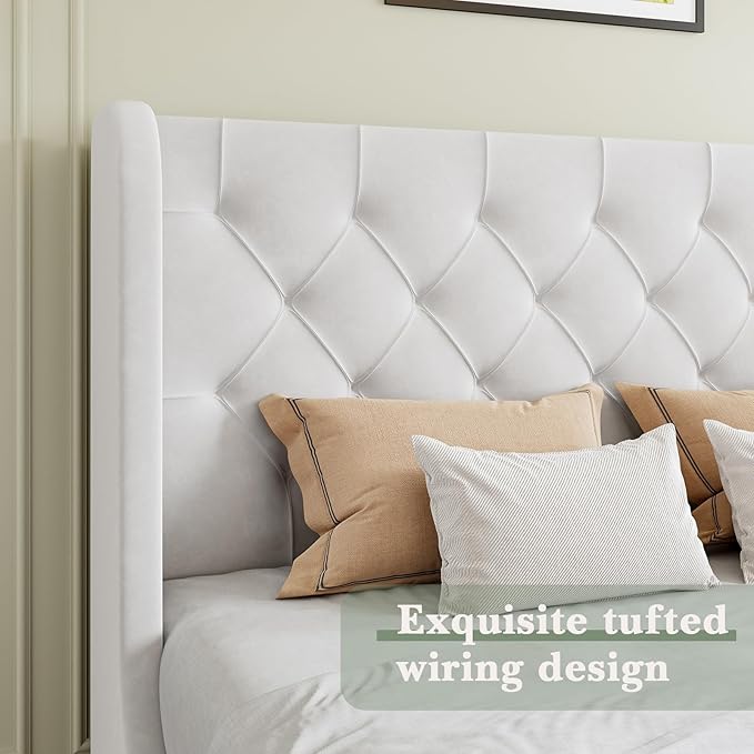 HOMBCK Full Size Bed Frame, Velvet Tufted, Curved Wingback Design, Wooden Slats - Image 5