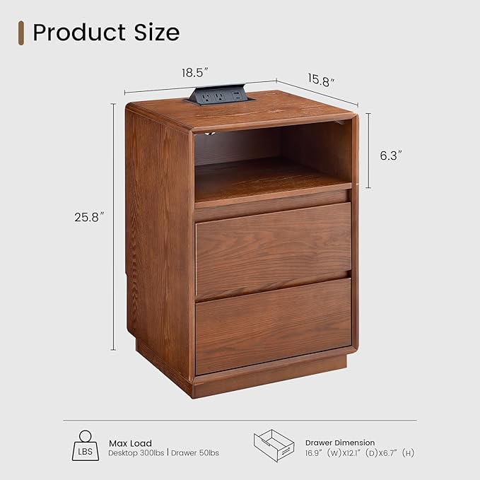 Solid Wood Nightstand Set of 2, Natural Wood Night Stand - Image 2