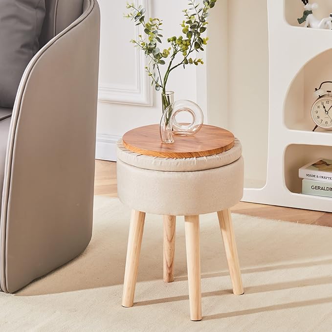 Mxfurhawa Storage Ottoman Linen Round Vanity Stool Tray Top Modern Foot Stool - Image 3