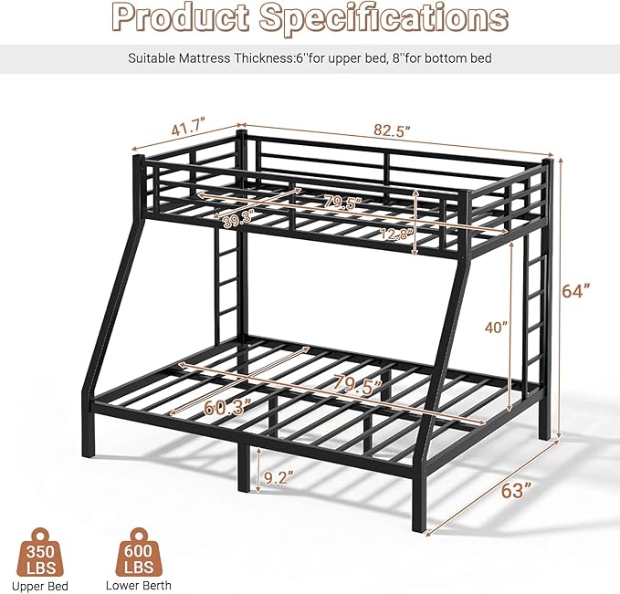 Twin XL Over Queen Bunk Bed Frame, Heavy Duty Metal Loft Bed - Image 2