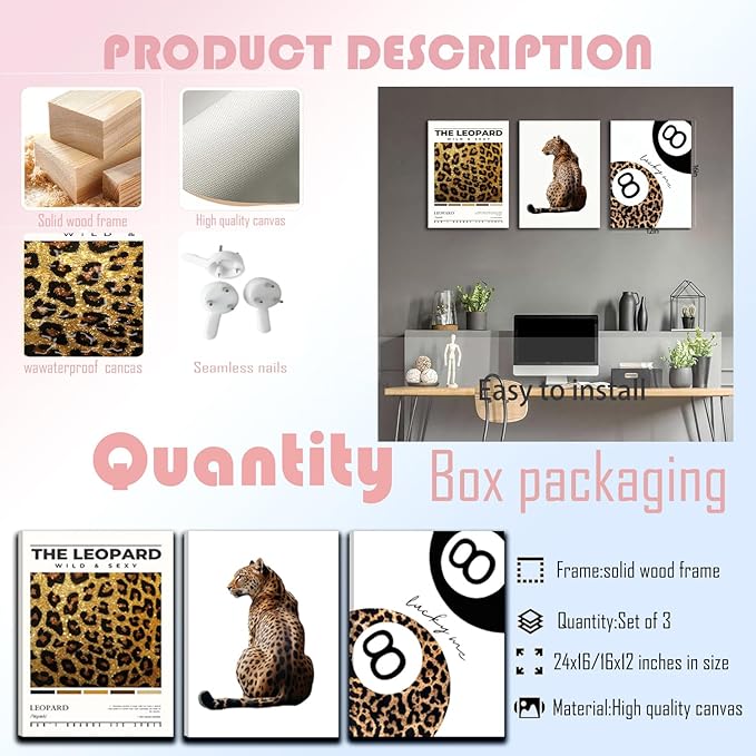 ​​Trendy Leopard Framed Set of 3 Canvas Poster Prints, Picture Modern Artwork - Image 7