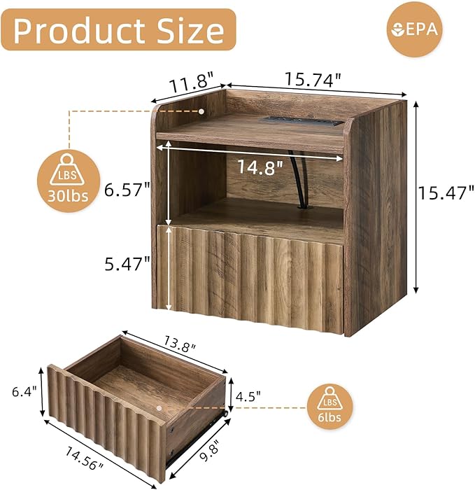 Modern Fluted Floating Nightstand Wall Mounted Set of 2- Bedside Table - Image 2