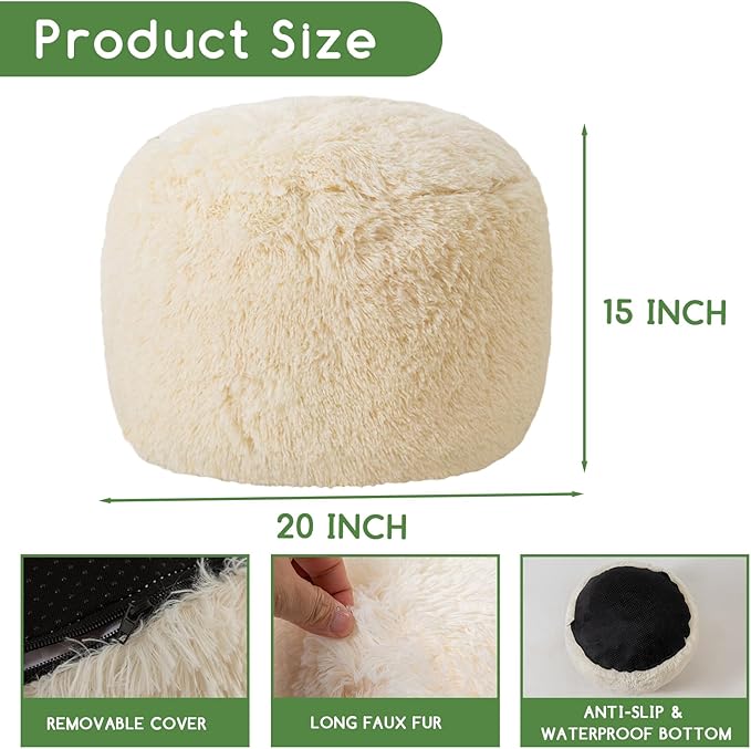 HIGOGOGO Round Stuffed Pouf Ottoman, Long Faux Fur Poufs - Image 2