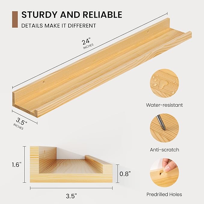 Picture Ledge Shelf, Solid Pine Wood Floating Shelves Set of 2, 24 Inches - Image 3