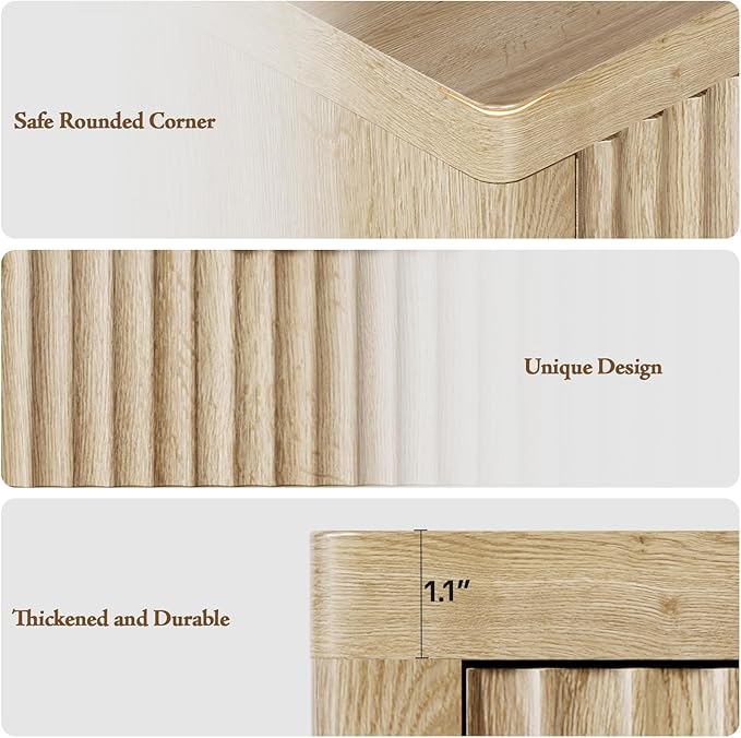 Night Stand with 3 Drawers, Fluted Bed Side End Table with Metal Handle - Image 7