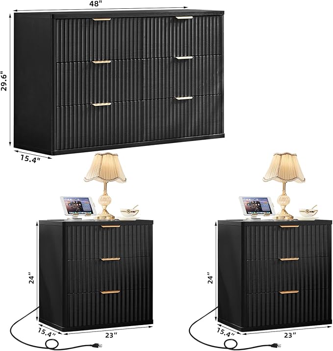 LEYAOYAO 48" Wide Fluted Dresser and 3 Drawers 23" Nightstand Set of 2 - Image 3