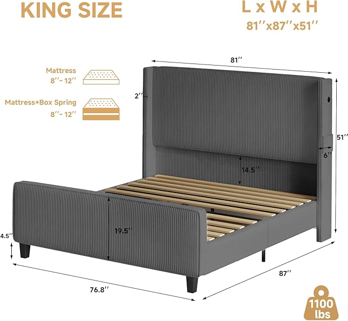 King Size Bed Frame with Headboard, Upholstered Platform Bed with Tall Wingback - Image 2