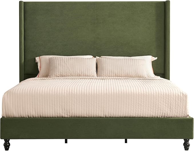 King Bed Frame with 65" Tall Headboard, Horizontal Fine Corduroy Bed Frame with - Image 9
