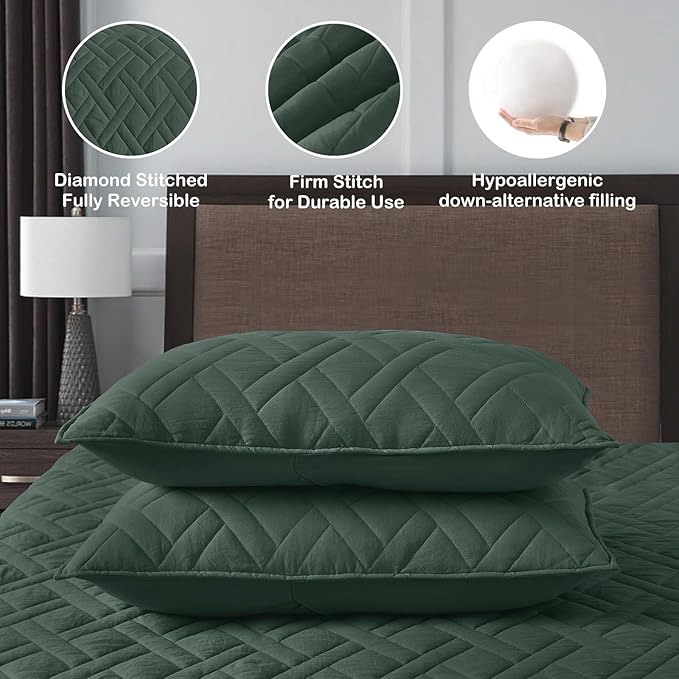 HORIMOTE HOME Quilt Set Twin Size Dark Green, Classic Geometric Diamond - Image 5