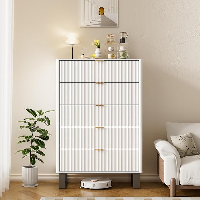 Fluted 5 Drawers Dresser, Wood Storage Organizers - Image 8