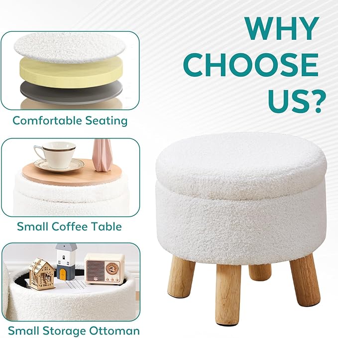 FIMIVIBI Small Ottoman with Storage, Small Storage Ottoman Round, Sherpa Foot - Image 4