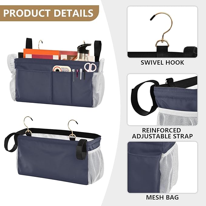 KOPIRIT Navy Grey Bedside Caddy Storage Bag Bedside Organizer - Image 5