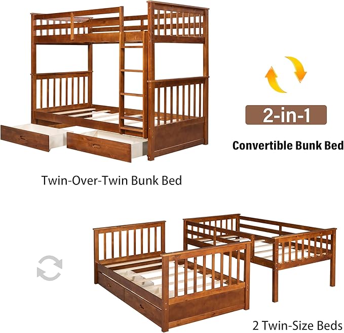 Merax Wood Bunk Bed with Drawers, Twin Over Twin Size Convertible Bunk Bed with - Image 6
