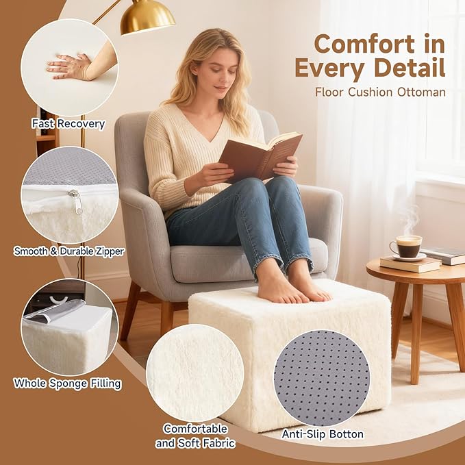 Tiita Square Stuffed Pouf Ottoman, Plush Poufs - Image 2