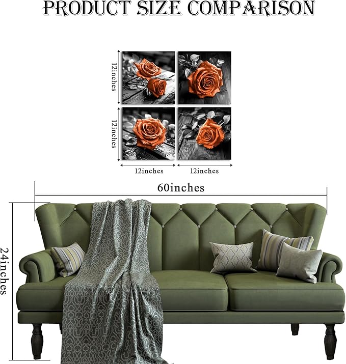VANSEEING 4 Pieces Orange and Black Rose Flower Canvas Wall Art Floral Pictures - Image 2