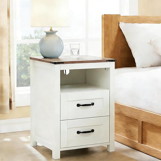 White Rustic Night Stand Set of 2, Farmhouse End Table, Modern Bedside Table - Image 2