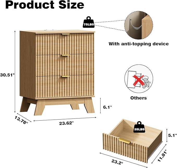 Fluted Nightstand with Charging Station, Modern Wood Side Table Night Stand - Image 2