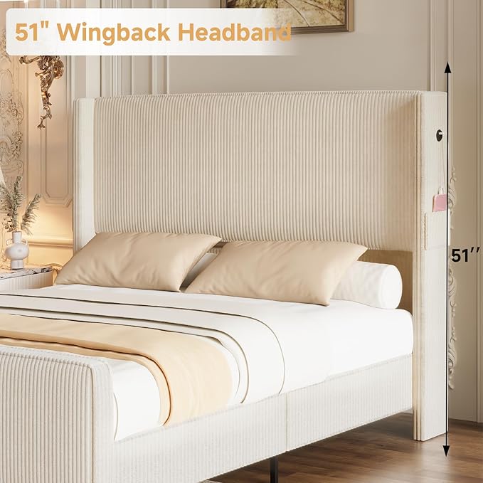 Queen Size Bed Frame with Headboard, Upholstered Platform Bed with Tall - Image 4