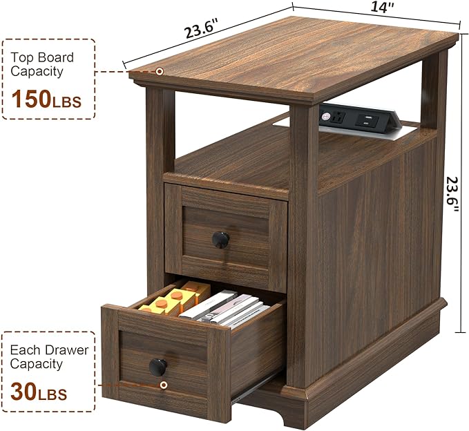 HIFYOBRO Narrow End Table with Flip Top Charging Station Set of 2, Side Table - Image 3