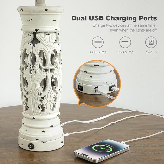 BOBOMOMO 27.25” Farmhouse Table Lamps Set of 2 – Antique White Bedside Lamps - Image 3