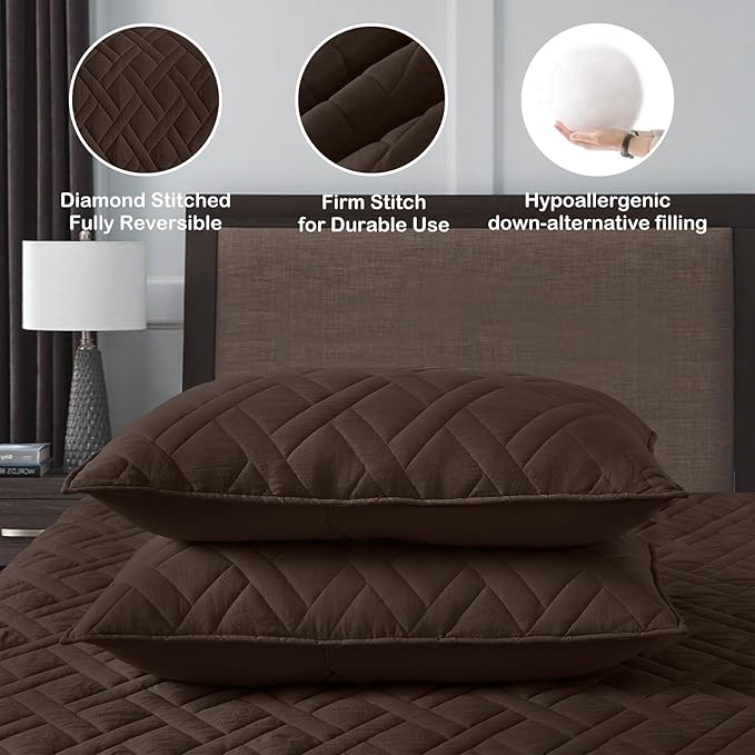 HORIMOTE HOME Quilt Set King Size Chocolate, Classic Geometric Diamond Stitched - Image 5