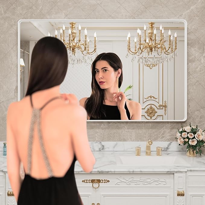 LOAAO 60x40 Inch White Metal Framed Bathroom Mirror - Image 2